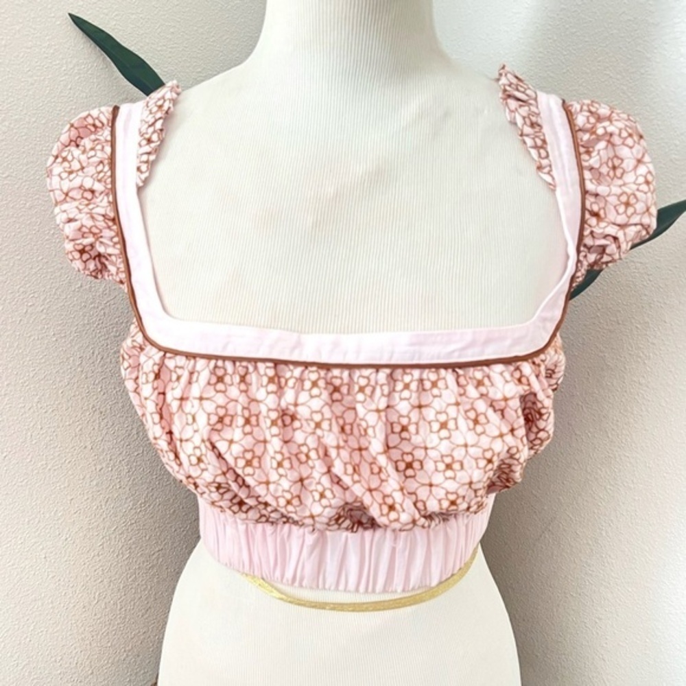 Nwt My Beachy Side Top Cropped Sweet Tart Cap Sleeve Light Pink Eyelet Milkmaid — image 3 of 7